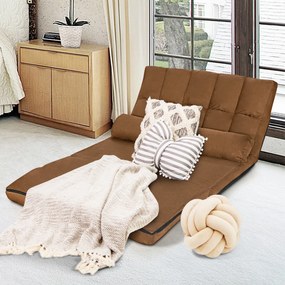 Sofá de chão ajustável dobrável em 6 posições Estofos de camurça removíveis com 2 Almofadas para Quarto Varanda de sala Castanho
