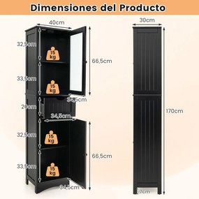Armário Alto de Casa de Banho, 40 x 30 x 170 cm, Prateleiras Ajustáveis, Preto