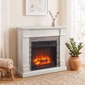 Lareira Elétrica Decorativa 1800W com Efeito de Chama de 3 Níveis, Termóstato, Temporizador e Comando, cor Madeira Natural