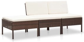 3 pcs conjunto lounge jardim c/ almofadões vime PE castanho