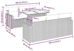 7 pcs conjunto sofás p/ jardim c/ almofadões vime PE cinzento