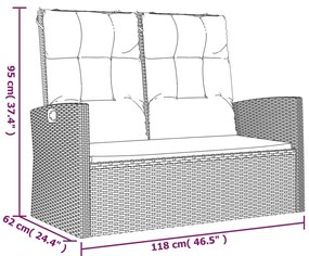 Banco de jardim reclinável com almofadões 118 cm vime PE preto
