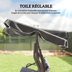 Baloiço de jardim de 3 lugares com cobertura impermeável, inclinação ajustável e almofadas de assento e encosto em cinzento e branco às riscas