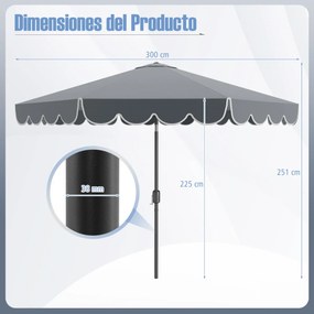 Guarda-sol 300 x 251 cm com manivela, inclinação com botão, ventilação superior e 8 varas para piscina ou praia, cinza