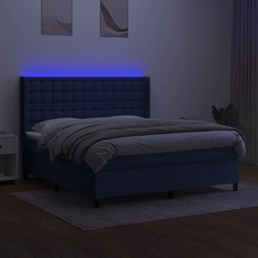 Cama box spring c/ colchão e LED 160x200 cm tecido azul