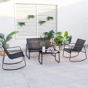 Conjunto de cadeiras de baloiço de jardim de 4 peças, com 2 cadeiras de baloiço Sofá de 2 lugares e mesa com tampo de vidro Preto