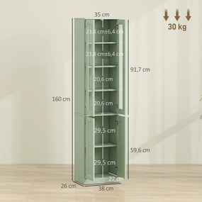 Móvel de casa de banho com 6 níveis 38 L x 26 P x 160 A cm, móvel de arrumação com 4 portas com fecho suave e prateleiras ajustáveis, verde