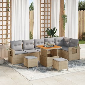 Conjunto de Sofá de Jardim de 9 Peças com Almofadas Bege Vime Sintétic
