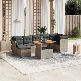 8 pcs conjunto sofás de jardim c/ almofadões vime PE cinzento