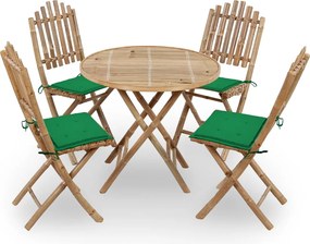 vidaXL 5 pcs conj. de jantar dobrável c/ almofadões p/ exterior bambu