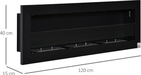 Lareira de bioetanol de parede para encastrar, com 3 queimadores e capacidade total de 3 litros, com cerca de 3 horas de autonomia, dimensões: 120 x 1