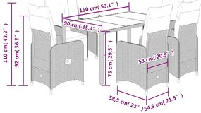 7 pcs conjunto bistrô de jardim c/ almofadões vime PE castanho