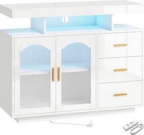 Aparador com LED RGB de 7 Cores, Tomadas, Portas USB, 3 Gavetas, Prateleiras Abertas, 2 Portas, Branco Brilhante, 100x35x80 cm