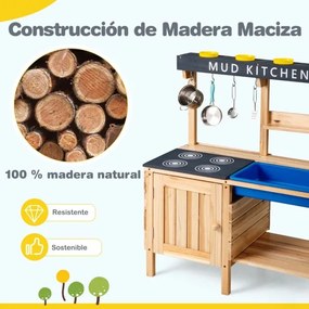 Cozinha de brincar em madeira 80 x 40 x 94 cm com lava-loiça, acessórios, 2 prateleiras e ganchos para crianças dos 3 aos 8 anos, natural