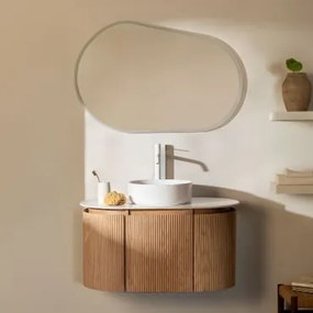 Conjunto De Móvel De Casa De Banho Suspenso 90x50 Cm Em Madeira Carsone Madeira Natural & Sem Unidade Auxiliar & Cerâmica Redonda Branca - Sklum