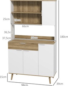 Armário de cozinha com 4 portas e 1 gaveta, estilo escandinavo, 98 x 39 x 180 cm, branco e natural 4,8