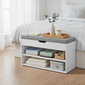 Banco arrumação para sapatos 30 x 80 x 44 cm com almofada acolchoada e 3 prateleiras em branco e Cinzento
