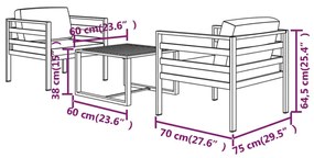 3 pcs conjunto lounge jardim com almofadões alumínio antracite