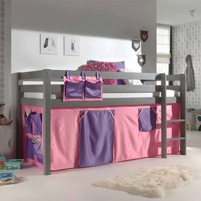 Cama alta de Criança PINO 90 x 200 cm + estrado + escada + cortina BELLA Cinzenta