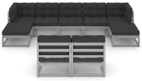 9pcs conjunto lounge de jardim c/ almofadões pinho maciço cinza