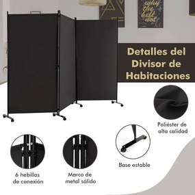 Biombo com 3 Paineis com rodas Altura 180cm Divisória para salas de escritório, casa Preto