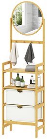 HOMCOM Estante de Casa de Banho em Bambu com Espelho Estante de Arrumação com 2 Gavetas de Tecido 48,5x30x170 cm Madeira
