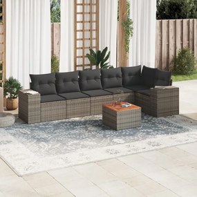 7 pcs conjunto sofás p/ jardim c/ almofadões vime PE cinzento