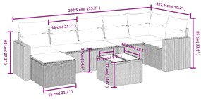 8 pcs conjunto sofás de jardim c/ almofadões vime PE castanho