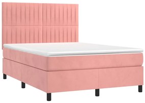 Cama box spring c/ colchão/LED 140x200 cm veludo rosa