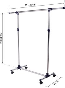 Charriot com Altura Ajustável Cabideiro com Rodas para Roupas Aço Inoxidável 86-160x45x95-170cm Prata e Preto