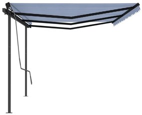 Toldo retrátil manual com postes 6x3 m azul e branco