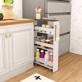 Carrinho de arrumação estreito para cozinha com 4 Estantes Rodas 48 x 13 x 81 cm Branco e Castanho Claro