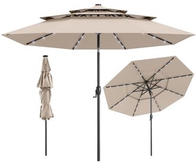 Guarda-sol Jardim de 313 cm com 32 luzes LED Teto ventilado de 3 níveis Ajuste de inclinação Bege