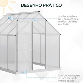 Outsunny Estufa de Jardim de Policarbonato e Alumínio Estufa de Exterior com Porta Corredeira e 2 Clarobóias para Cultivo de Plantas Sementes 190x253x199cm Transparente