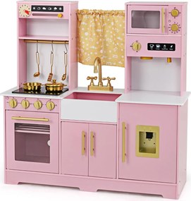 Conjunto de cozinha para crianças com cafeteira, dispensador de água, fogão, pia e torneira para crianças acima de 3 anos, 90 x 30 x 90 cm, rosa claro