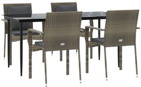5 pcs conjunto jantar jardim c/ almofadões vime PE preto/cinza