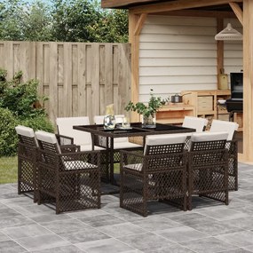 9 pcs conjunto jantar p/ jardim c/ almofadões vime PE castanho