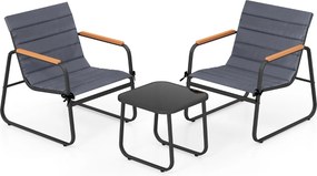 Conjunto de jardim de 3 peças, mesa de centro de vidro temperado e 2 Cadeiras com almofadas cinza