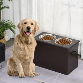Comedouro Elevado para Cães com 2 Tigelas de Aço Inoxidável e Espaço de Armazenamento Oculto 60x30x41 cm Castanho Escuro