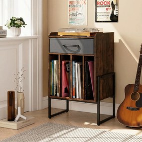 Móvel para gira-discos 45 x 32,5 x 68,5 cm com gaveta em tecido e prateleiras abertas em metal para discos de vinil; ideal para sala de estar, quarto