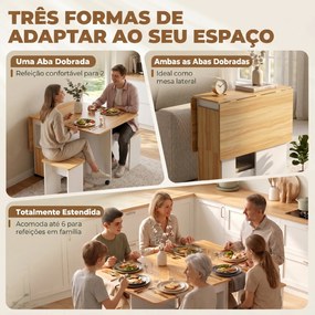 Conjunto de Mesa de Jantar Dobrável com 4 Bancos Ocultos, 2 Abas Rebatíveis, Rodas e Prateleiras, cor Carvalho