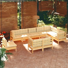 vidaXL 10 pcs conjunto lounge jardim c/ almofadões creme pinho maciço