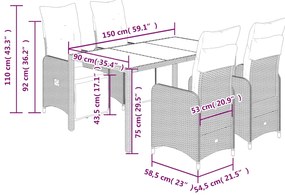 5 pcs conjunto bistrô p/ jardim c/ almofadões vime PE castanho