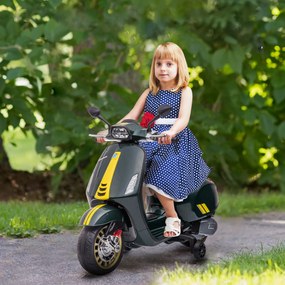 Scooter elétrica infantil Vespa 6 V, 107 x 47 x 73 cm, música MP3, porta USB, farol, 2 rodas de apoio - Verde