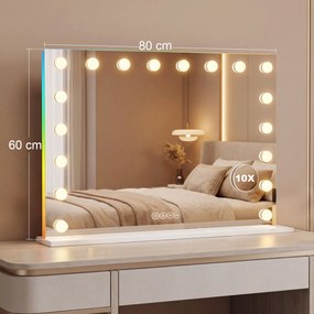 Espelho de maquilhagem Hollywood 80 x 14 x 60 cm com 18 lâmpadas LED, 3 cores de iluminação, luz RGB, altifalante Bluetooth, branco