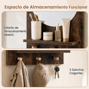Espelho de Parede Circular com Estante e Ganchos, 39,5 x 12 x 59,5 cm, Estante Aberta e 3 Ganchos, Castanho