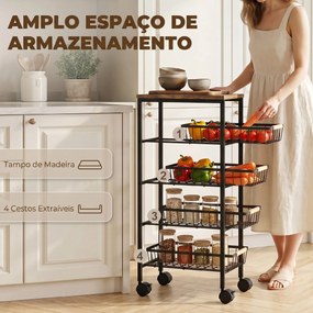 Carrinho Auxiliar com Rodas 4 Cestos Amovíveis 15 kg Estrutura Metálica para Sala de Jantar 40x24x81,5 cm Castanho Rústico