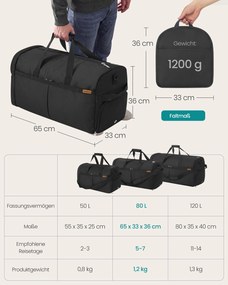 Saco desportivo preto dobrável de 80 L com compartimento para sapatos e compartimento para roupa molhada Preto
