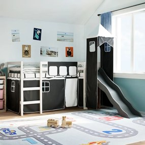 vidaXL Cama alta criança c/ torre 90x190 cm pinho maciço branco/preto