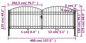Portão p/ cerca porta dupla e topo arqueado 400x125cm aço preto